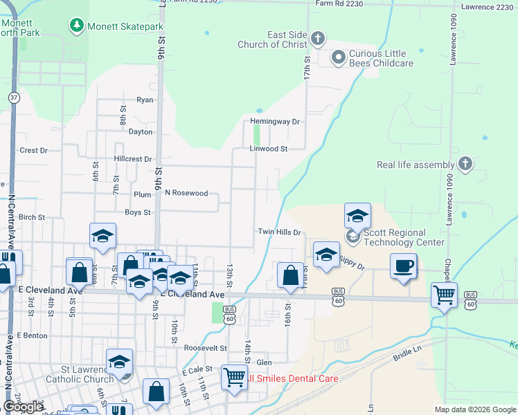 map of restaurants, bars, coffee shops, grocery stores, and more near 1101-1199 North 14th Street in Monett