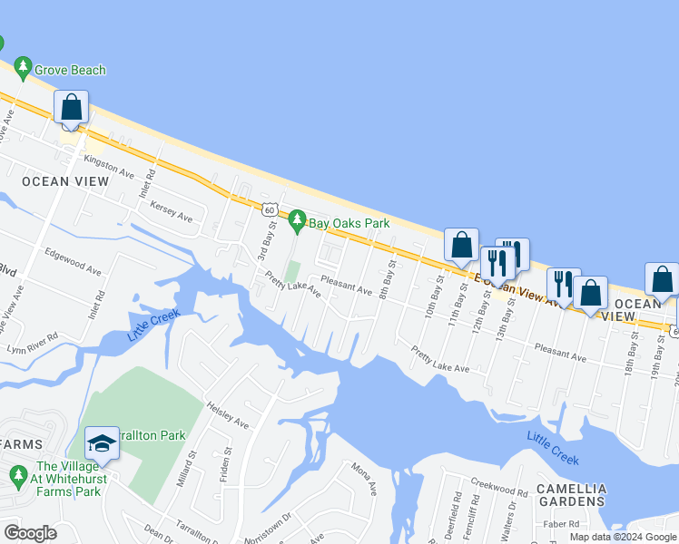 map of restaurants, bars, coffee shops, grocery stores, and more near 9608 6th Bay Street in Norfolk