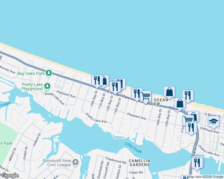 map of restaurants, bars, coffee shops, grocery stores, and more near 3184 East Ocean View Avenue in Norfolk