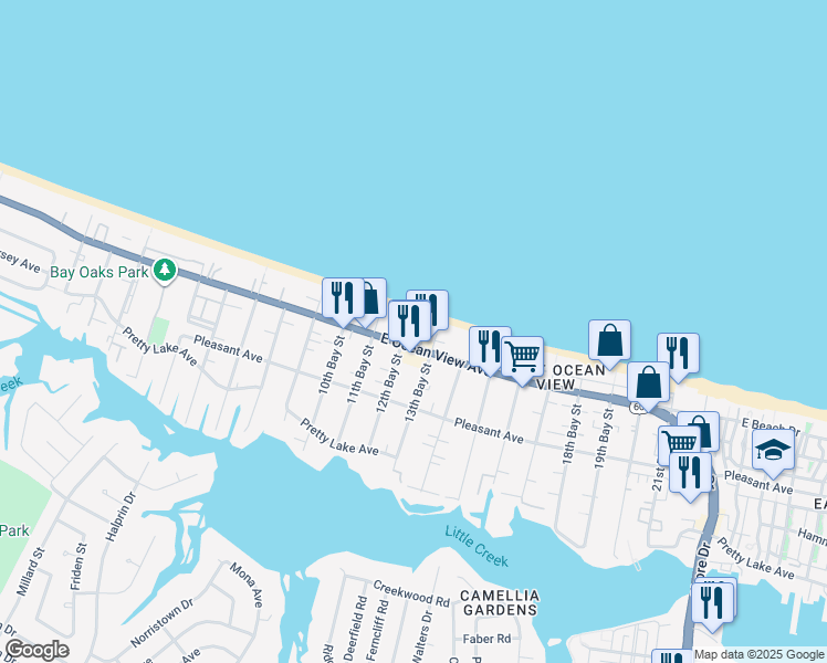 map of restaurants, bars, coffee shops, grocery stores, and more near 3184 East Ocean View Avenue in Norfolk