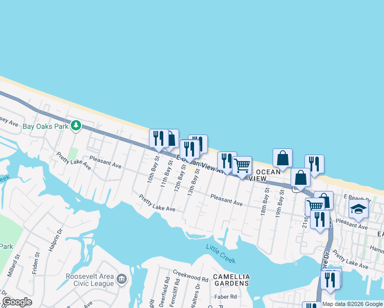 map of restaurants, bars, coffee shops, grocery stores, and more near 3184 East Ocean View Avenue in Norfolk