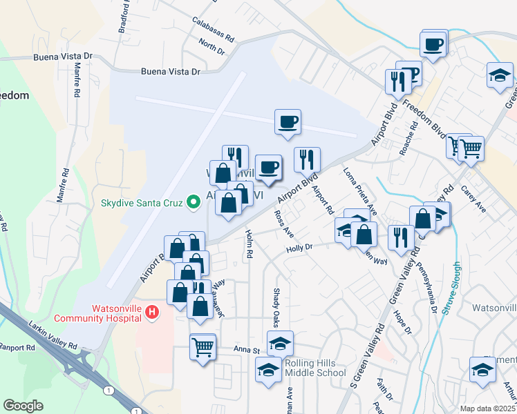 map of restaurants, bars, coffee shops, grocery stores, and more near 400 Airport Boulevard in Watsonville