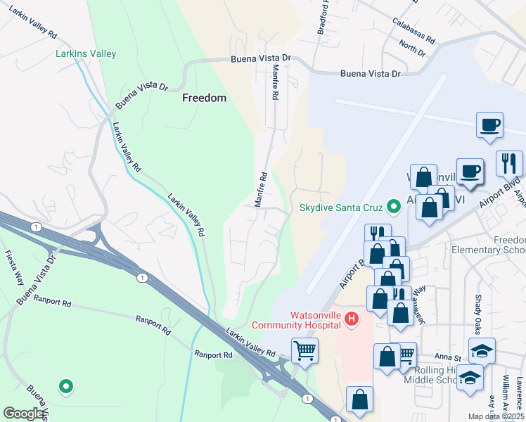 map of restaurants, bars, coffee shops, grocery stores, and more near 106 Las Palmas in Watsonville