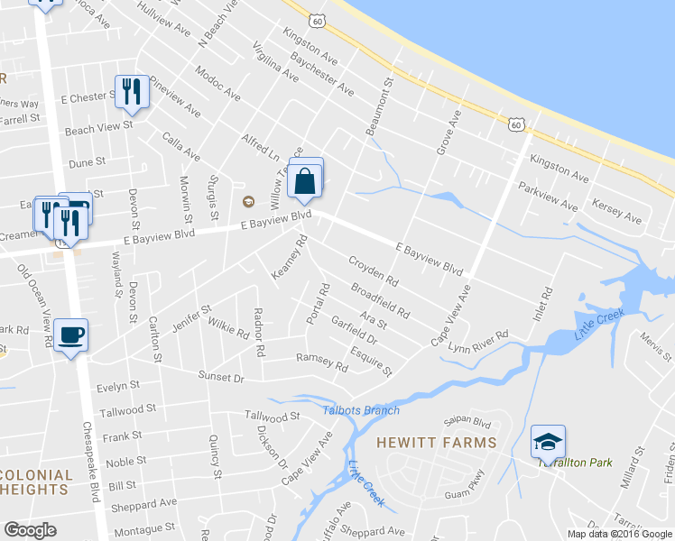 map of restaurants, bars, coffee shops, grocery stores, and more near 1610 Broadfield Rd in Norfolk