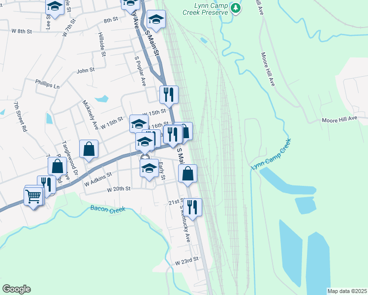 map of restaurants, bars, coffee shops, grocery stores, and more near 1805 South Main Street in Corbin