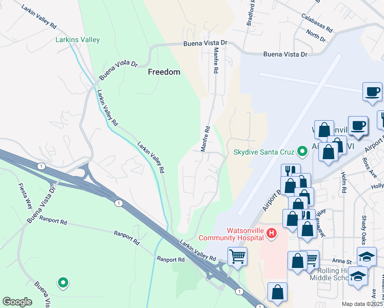 map of restaurants, bars, coffee shops, grocery stores, and more near 135 Evergreen Way in Watsonville