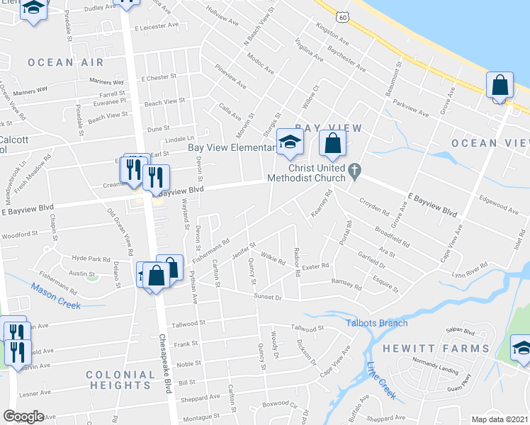 map of restaurants, bars, coffee shops, grocery stores, and more near 1394 Fishermans Road in Norfolk