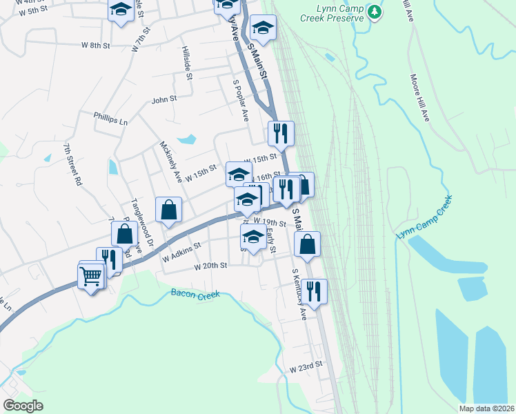 map of restaurants, bars, coffee shops, grocery stores, and more near 122 18th Street in Corbin