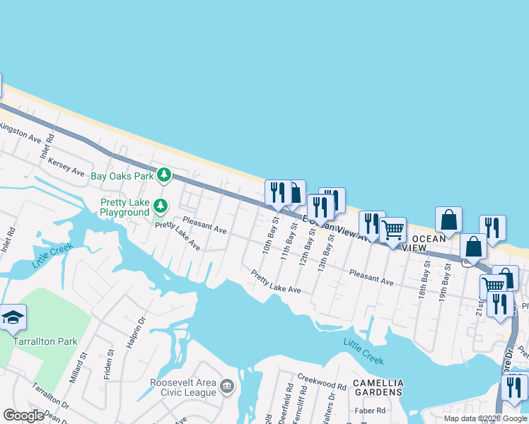 map of restaurants, bars, coffee shops, grocery stores, and more near 2925 East Ocean View Avenue in Norfolk