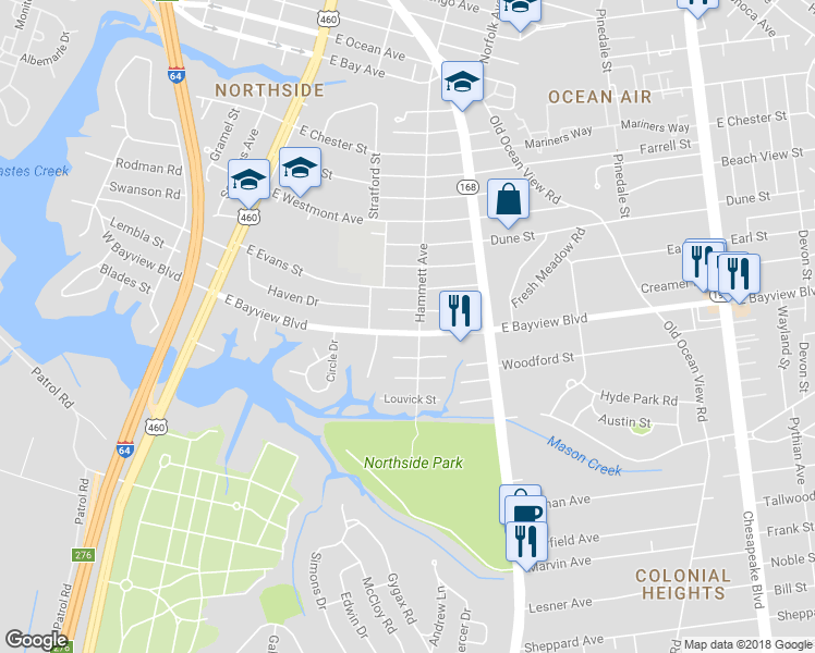 map of restaurants, bars, coffee shops, grocery stores, and more near 264 East Bayview Boulevard in Norfolk