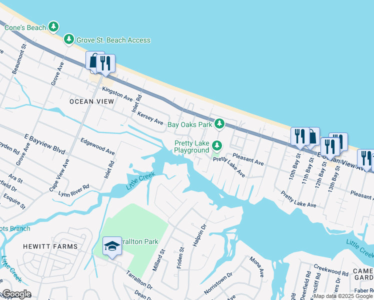 map of restaurants, bars, coffee shops, grocery stores, and more near 2211 Pretty Lake Avenue in Norfolk