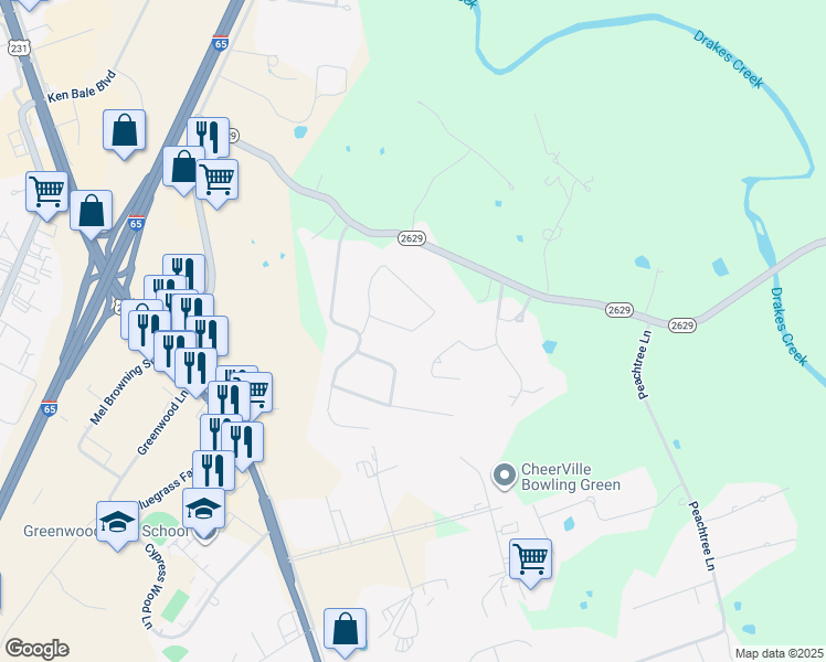 map of restaurants, bars, coffee shops, grocery stores, and more near 107 Huntsman Cir in Bowling Green