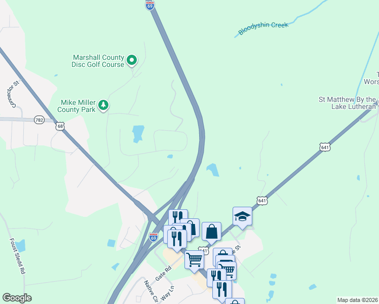 map of restaurants, bars, coffee shops, grocery stores, and more near 135 Deerfield Circle in Benton