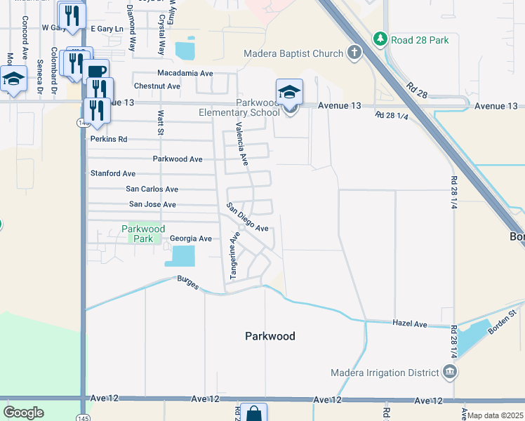 map of restaurants, bars, coffee shops, grocery stores, and more near 1039 San Ramon Avenue in Madera