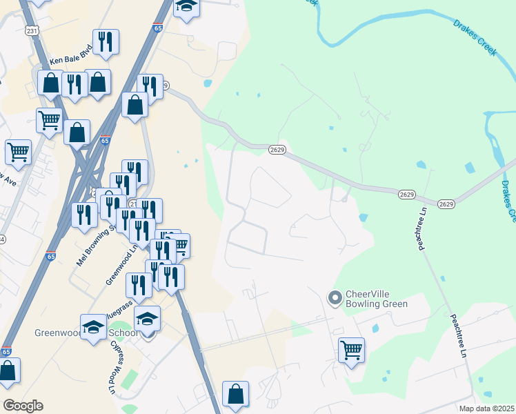 map of restaurants, bars, coffee shops, grocery stores, and more near 107 Huntsman Circle in Bowling Green