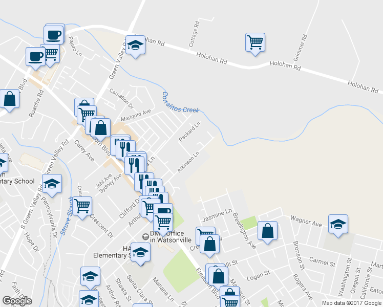 map of restaurants, bars, coffee shops, grocery stores, and more near 101 Atkinson Lane in Watsonville