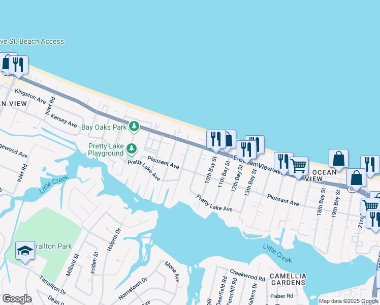 map of restaurants, bars, coffee shops, grocery stores, and more near 9634 8th Bay Street in Norfolk