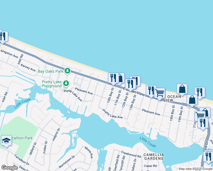map of restaurants, bars, coffee shops, grocery stores, and more near 2901 East Ocean View Avenue in Norfolk