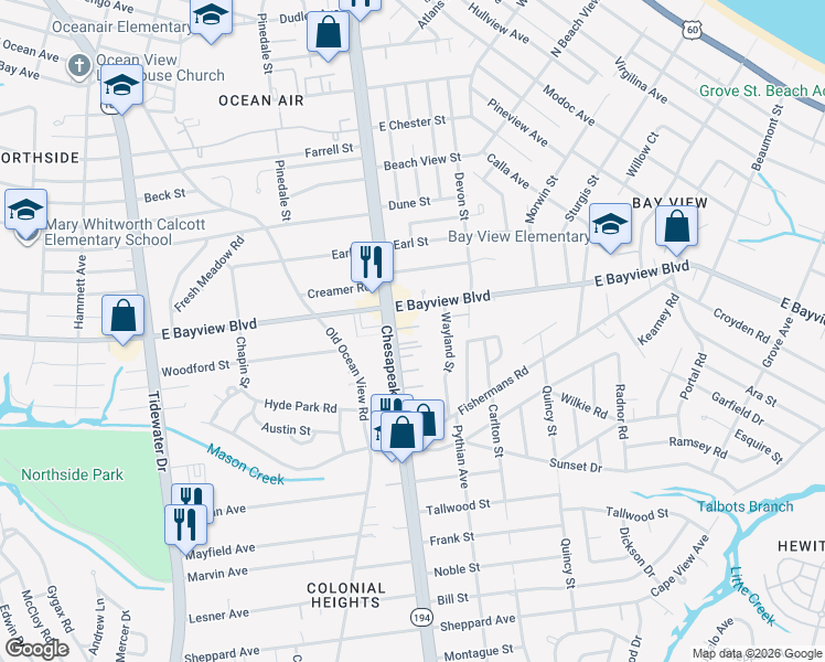 map of restaurants, bars, coffee shops, grocery stores, and more near 8582 Chesapeake Boulevard in Norfolk
