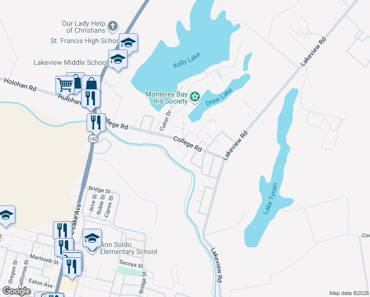 map of restaurants, bars, coffee shops, grocery stores, and more near 104 Dogwood Dr in Watsonville