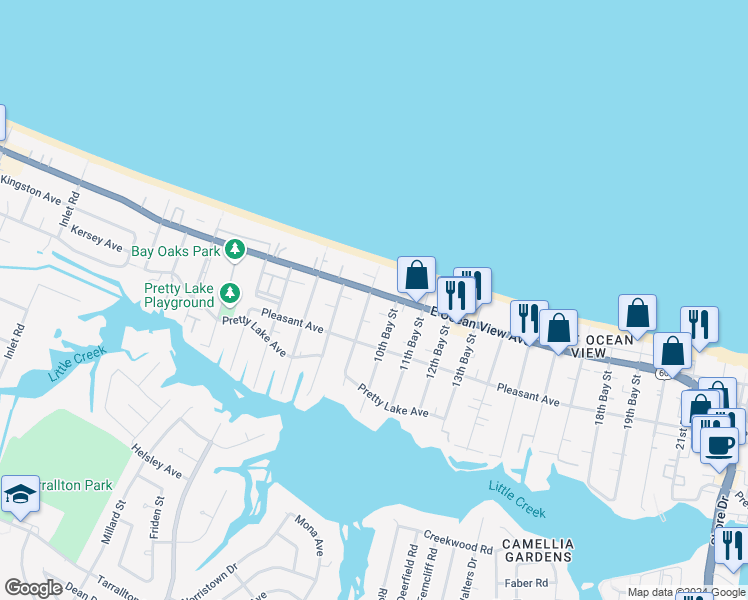 map of restaurants, bars, coffee shops, grocery stores, and more near 2901 East Ocean View Avenue in Norfolk