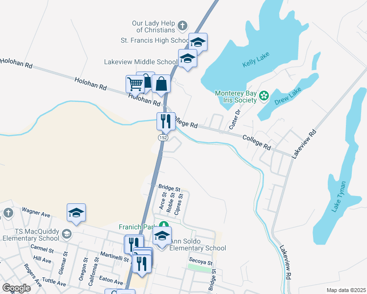 map of restaurants, bars, coffee shops, grocery stores, and more near 46 Beverly Dr in Watsonville