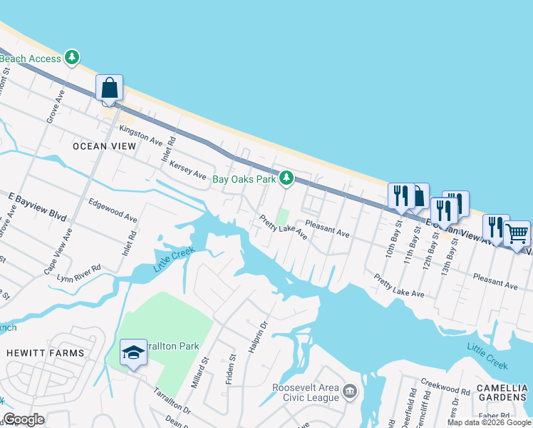 map of restaurants, bars, coffee shops, grocery stores, and more near 2310 Pretty Lake Avenue in Norfolk