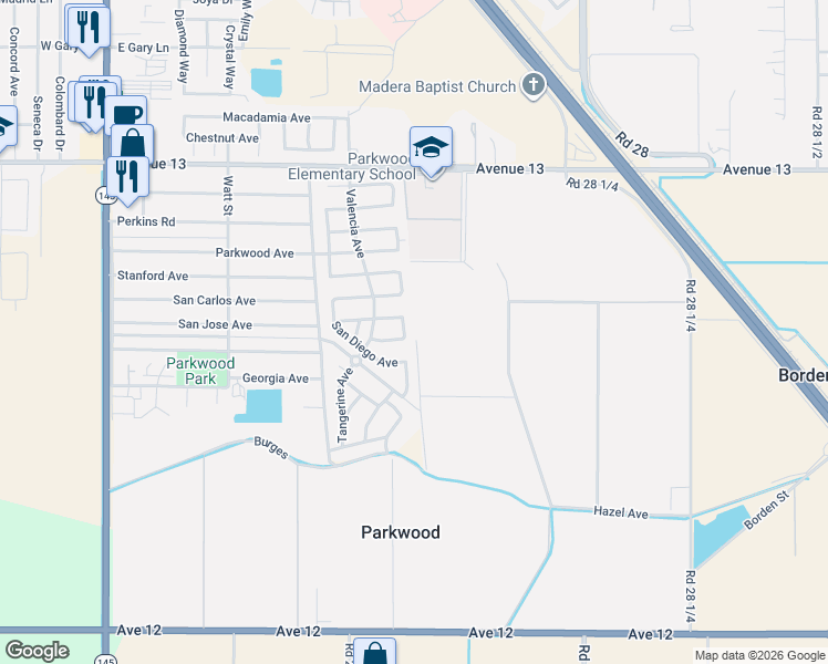 map of restaurants, bars, coffee shops, grocery stores, and more near 1881 Lemon Avenue in Madera