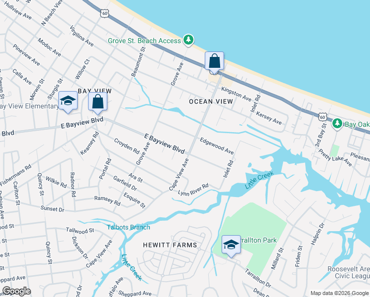 map of restaurants, bars, coffee shops, grocery stores, and more near 1870 East Bayview Boulevard in Norfolk