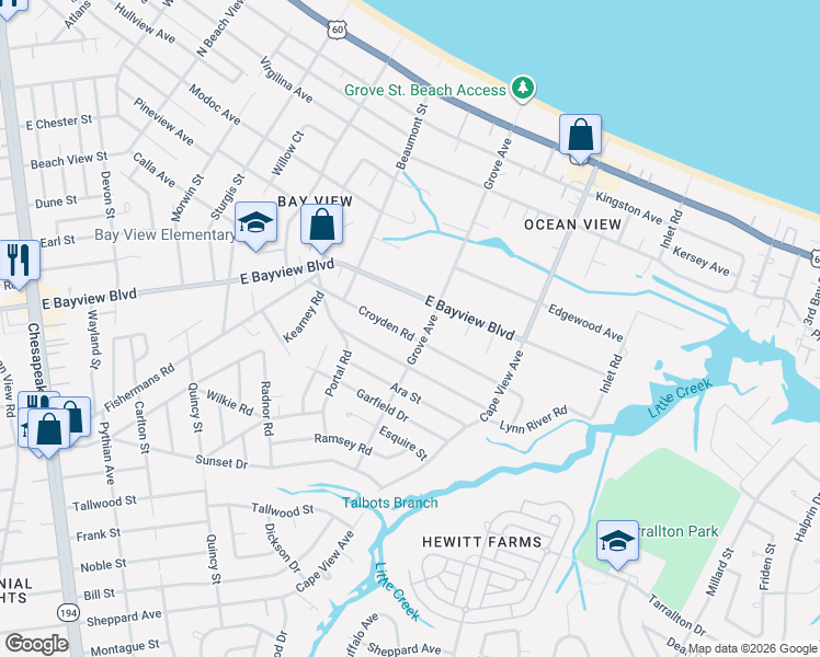 map of restaurants, bars, coffee shops, grocery stores, and more near 1670 Croyden Road in Norfolk