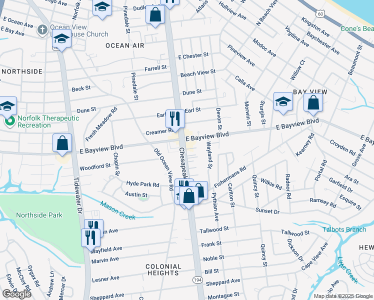 map of restaurants, bars, coffee shops, grocery stores, and more near 8582 Chesapeake Boulevard in Norfolk