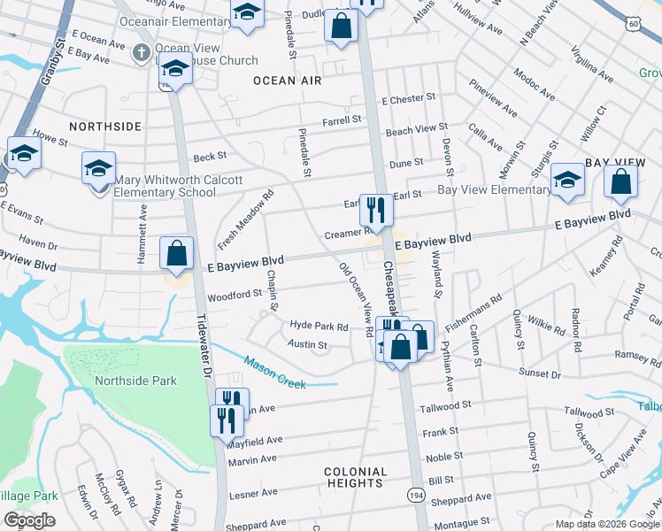 map of restaurants, bars, coffee shops, grocery stores, and more near 8555 Old Ocean View Road in Norfolk