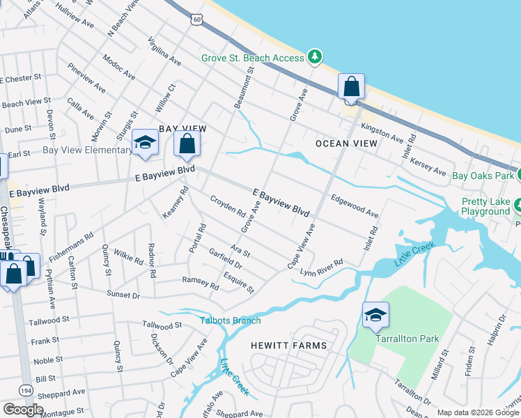 map of restaurants, bars, coffee shops, grocery stores, and more near 9206 Grove Avenue in Norfolk