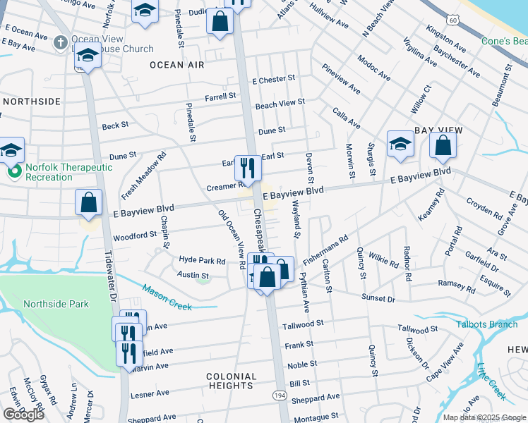 map of restaurants, bars, coffee shops, grocery stores, and more near 8582 Chesapeake Boulevard in Norfolk