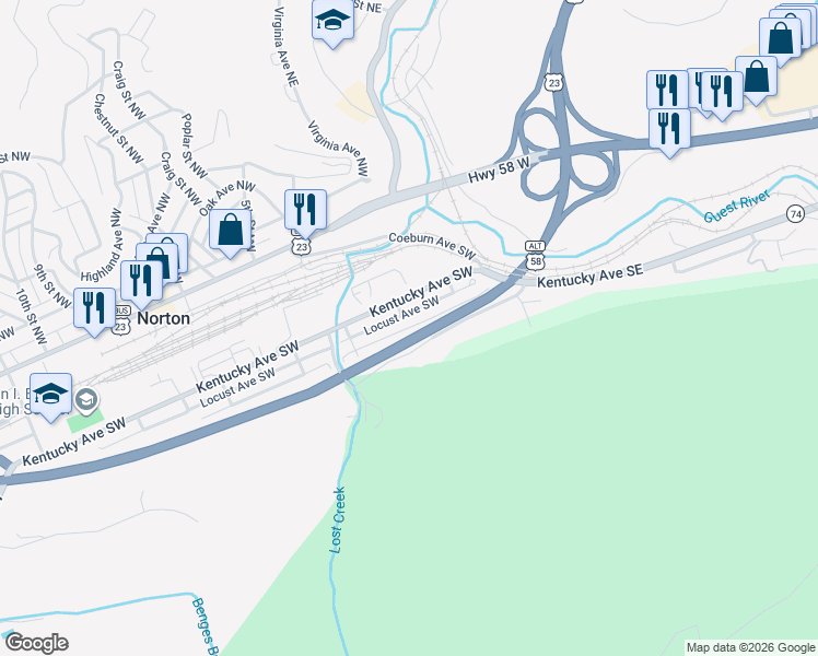 map of restaurants, bars, coffee shops, grocery stores, and more near 300 Roberts Avenue Southwest in Norton