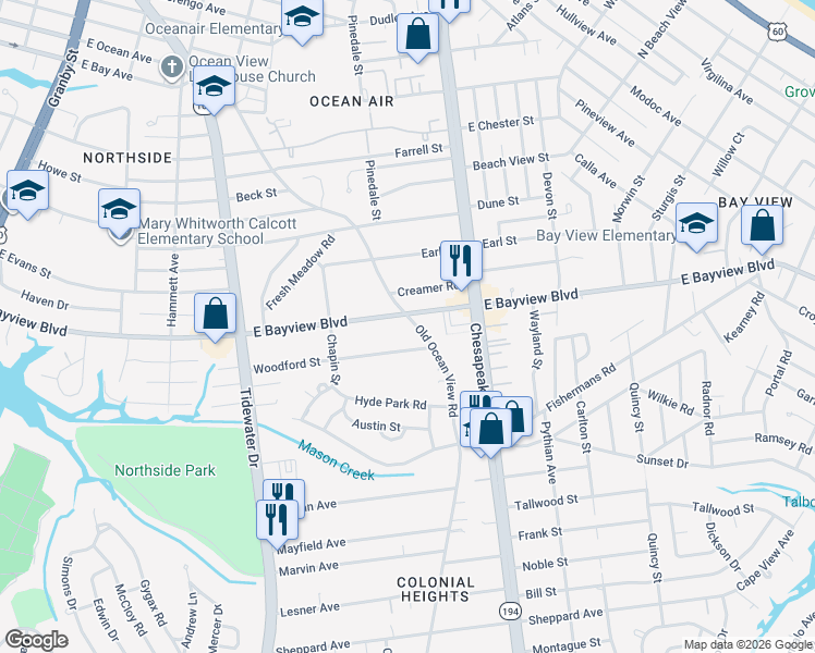 map of restaurants, bars, coffee shops, grocery stores, and more near 8555 Old Ocean View Road in Norfolk