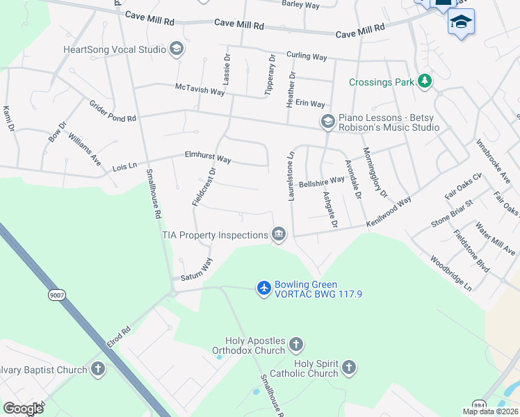 map of restaurants, bars, coffee shops, grocery stores, and more near 1536 Aquarius Way in Bowling Green
