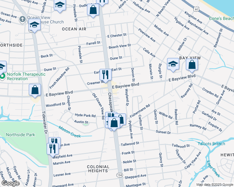 map of restaurants, bars, coffee shops, grocery stores, and more near 8582 Chesapeake Boulevard in Norfolk