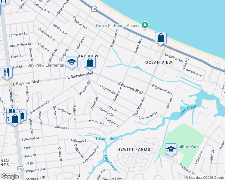map of restaurants, bars, coffee shops, grocery stores, and more near 1670 Croyden Road in Norfolk