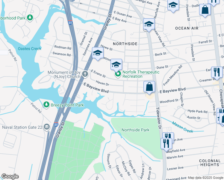 map of restaurants, bars, coffee shops, grocery stores, and more near 166 East Bayview Boulevard in Norfolk