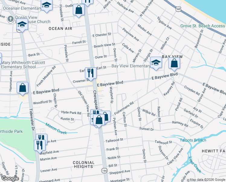 map of restaurants, bars, coffee shops, grocery stores, and more near 8578 Wayland Street in Norfolk