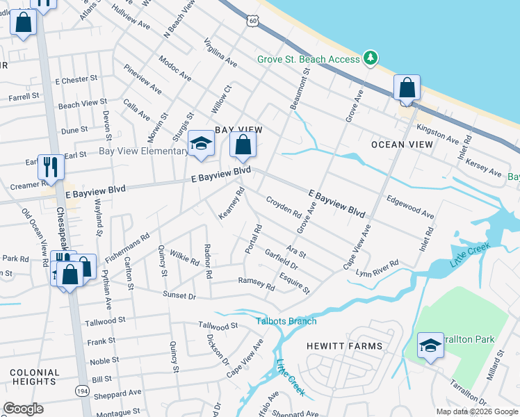 map of restaurants, bars, coffee shops, grocery stores, and more near 1610 Broadfield Road in Norfolk