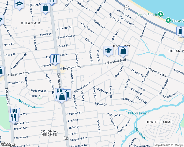 map of restaurants, bars, coffee shops, grocery stores, and more near 1368 Hammond Court in Norfolk