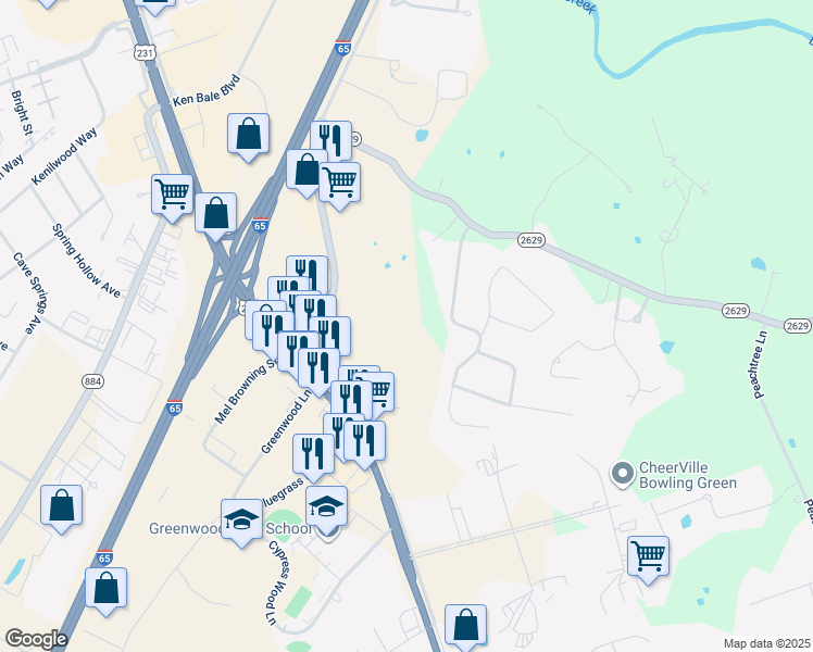 map of restaurants, bars, coffee shops, grocery stores, and more near 2-236 Deer Meadow Avenue in Bowling Green