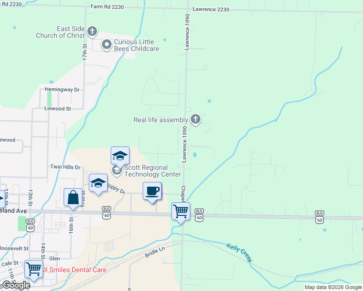 map of restaurants, bars, coffee shops, grocery stores, and more near 1305 Woodland Ridge Drive in Monett