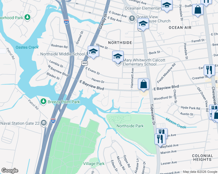map of restaurants, bars, coffee shops, grocery stores, and more near 166 East Bayview Boulevard in Norfolk