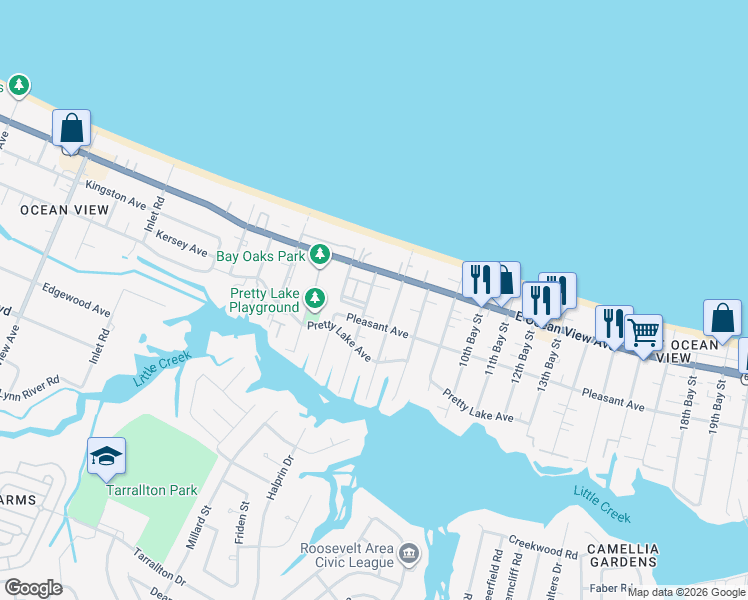 map of restaurants, bars, coffee shops, grocery stores, and more near 9608 6th Bay Street in Norfolk