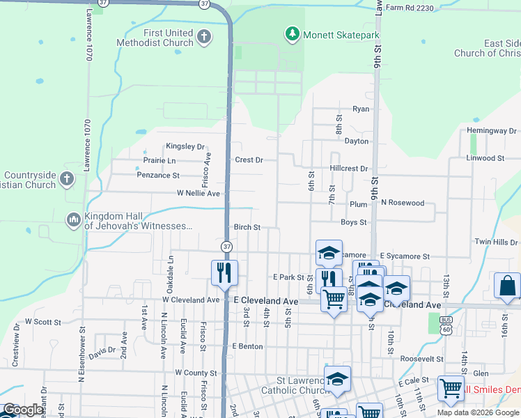 map of restaurants, bars, coffee shops, grocery stores, and more near 299 Brown St in Monett