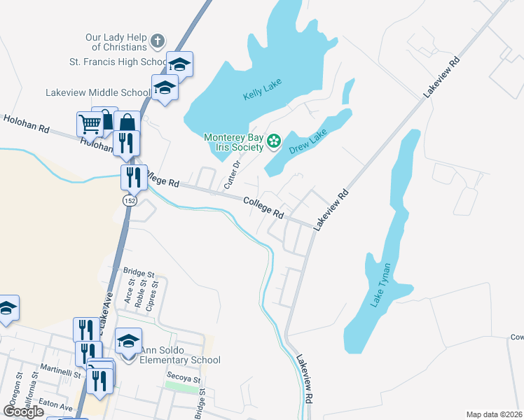 map of restaurants, bars, coffee shops, grocery stores, and more near 104 Dogwood Drive in Watsonville