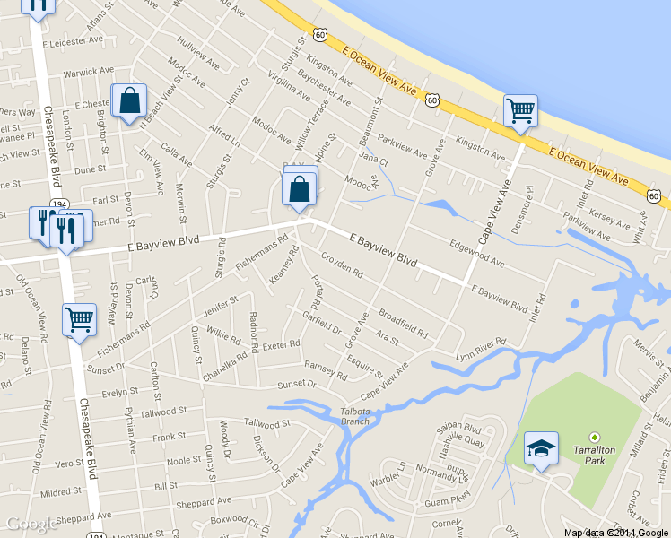 map of restaurants, bars, coffee shops, grocery stores, and more near 1643 Croyden Road in Norfolk